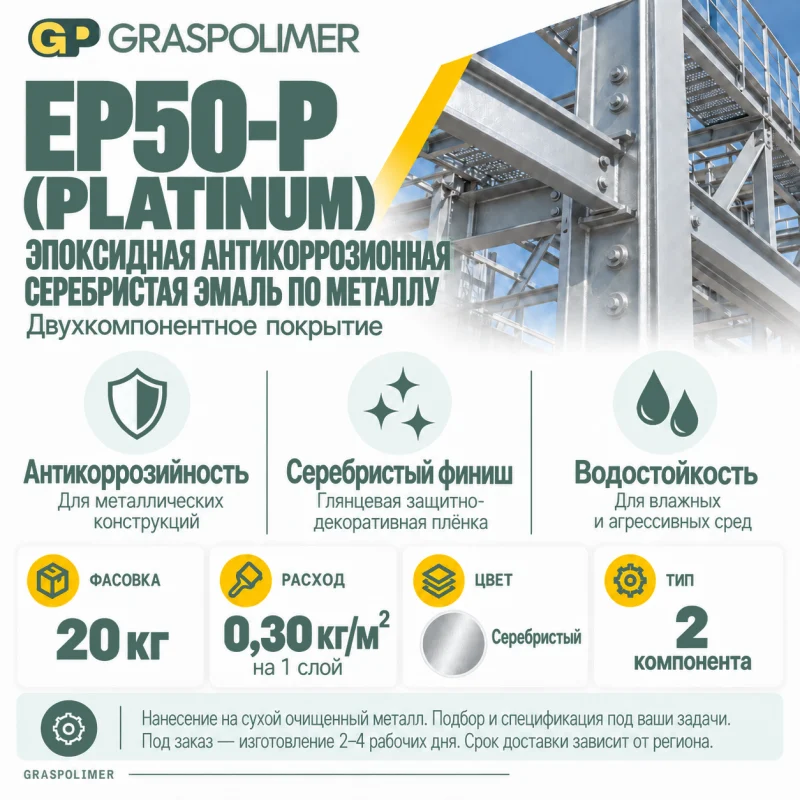 Эпоксидная антикоррозионная серебристая эмаль по металлу GRASPOLIMER EP50-P (Platinum) — слайд 2