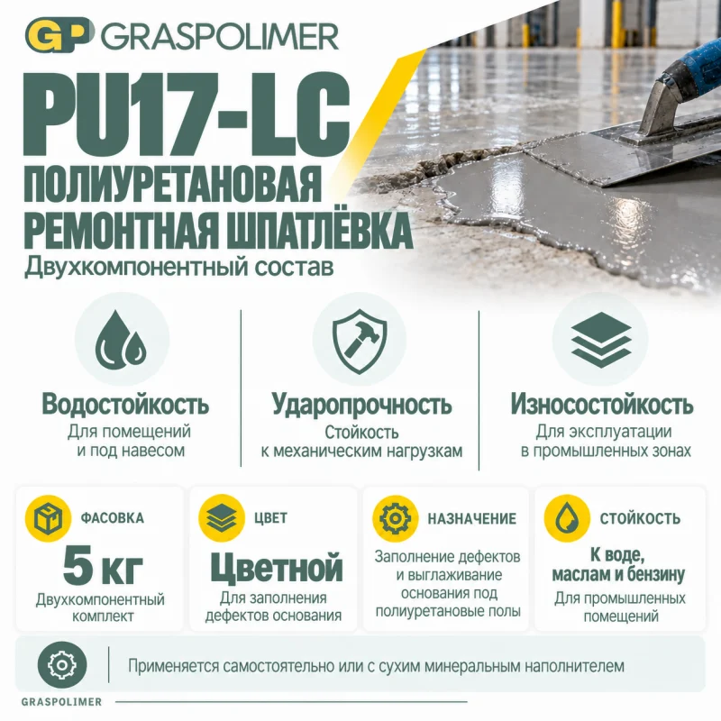 Полиуретановая ремонтная шпатлёвка PU17-LC, 5 кг GRASPOLIMER — слайд 2