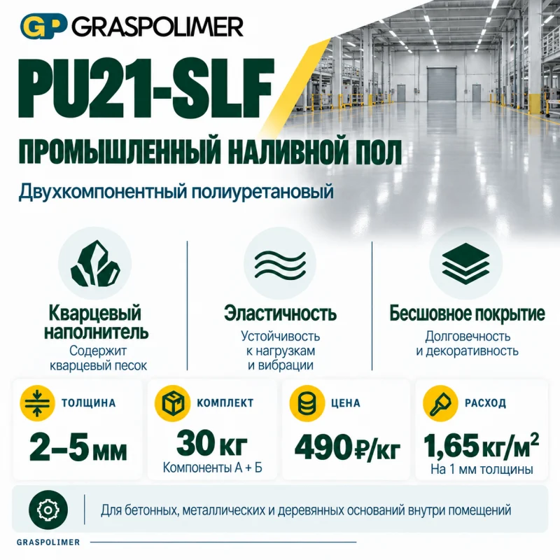Полиуретановый наливной пол GRASPOLIMER PU21-SLF с кварцевым песком, 30 кг — слайд 2