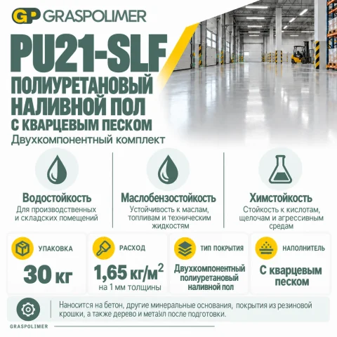 Полиуретановый наливной пол GRASPOLIMER PU21-SLF с кварцевым песком, 30 кг