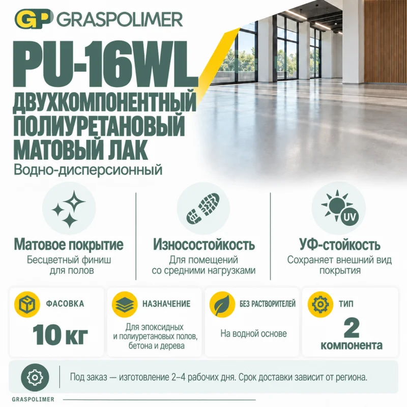Двухкомпонентный полиуретановый водно-дисперсионный матовый лак GRASPOLIMER PU-16WL — слайд 2