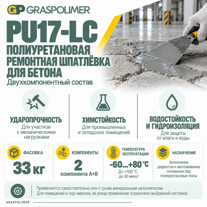 Полиуретановая ремонтная шпатлёвка для бетона GRASPOLIMER PU17-LC — слайд 2