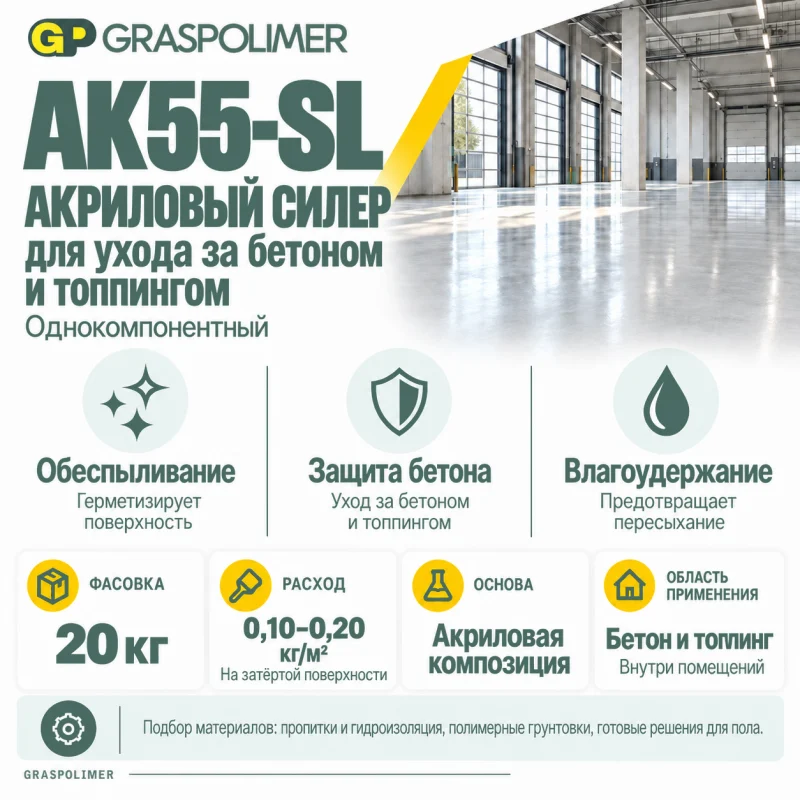 Акриловый силер для ухода за бетоном и топпингом GRASPOLIMER AK55-SL — слайд 2