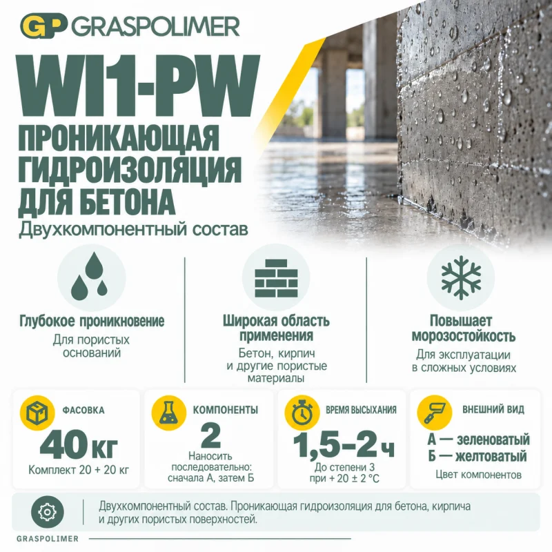 Проникающая гидроизоляция для бетона GRASPOLIMER WI1-PW — слайд 2